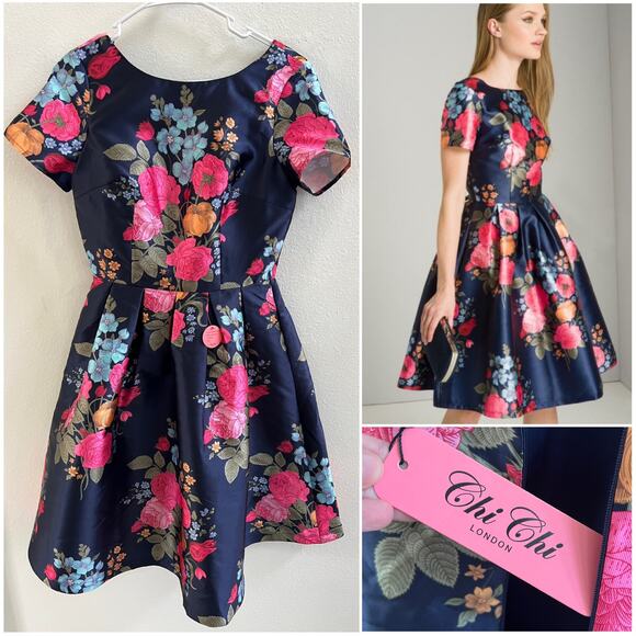 Chi Chi London NWT Navy Floral Fit & Flare Cap Sleeve Mini Dress Size 6 US - Picture 1 of 15